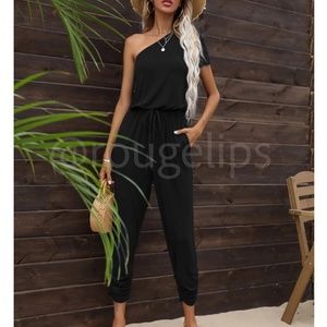 Black One Shoulder Jumpsuit Ruched Leg Short Sleeve Ties at Waist